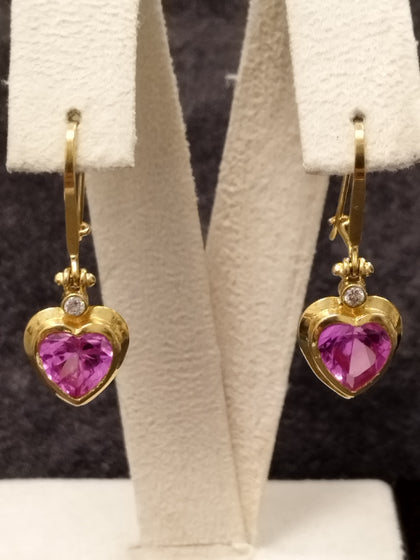 18ct Yellow Gold Bezel set Pink stone Heart Design Earrings