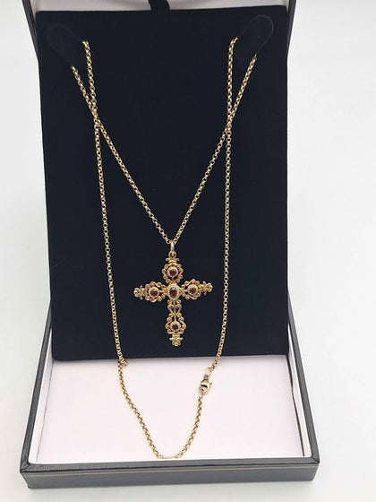 9ct Yellow Gold Belcher Chain Necklace With Filigree Cross Pendant - 10.39 Grams - 24