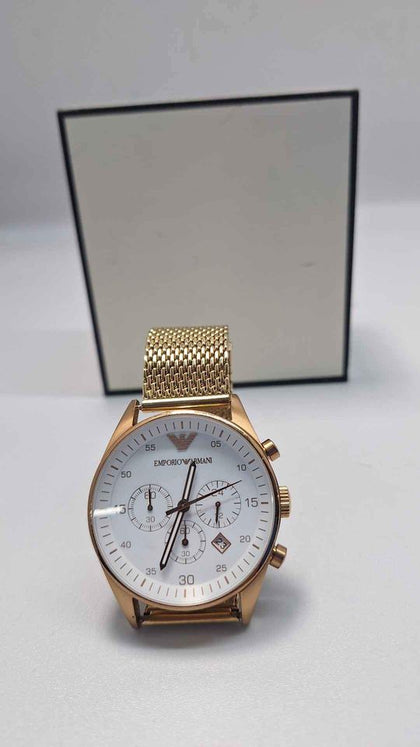 Emporio Armani Ar5919 Sport Collection Chronograph Quartz Mens Watch - White Dial - Rose Gold Mesh Bracelet