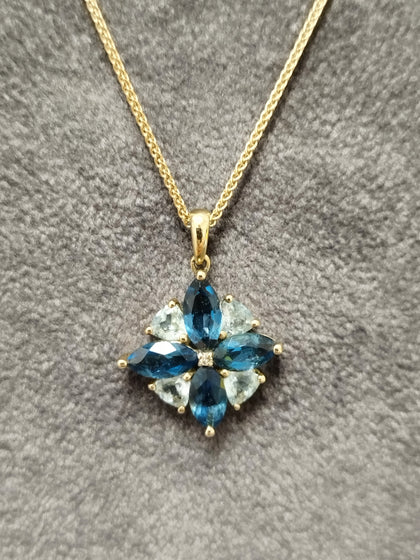 9ct Yellow Gold Chain & Pendant set with Blue Stones