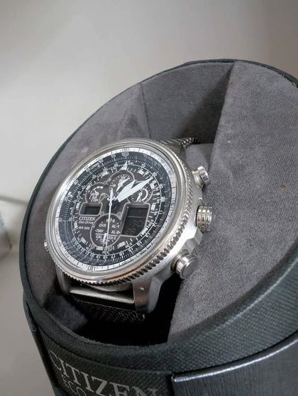 Citizen Eco Drive Navihawk JY803083E Atomic A-T Word Time Chronograph Watch - Boxed W/ Mesh Bracelet