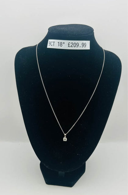 9CT WHITE GOLD, 375 HALLMARKED, 20’’ CHAIN W/ STONE, 3.86G, BOXED