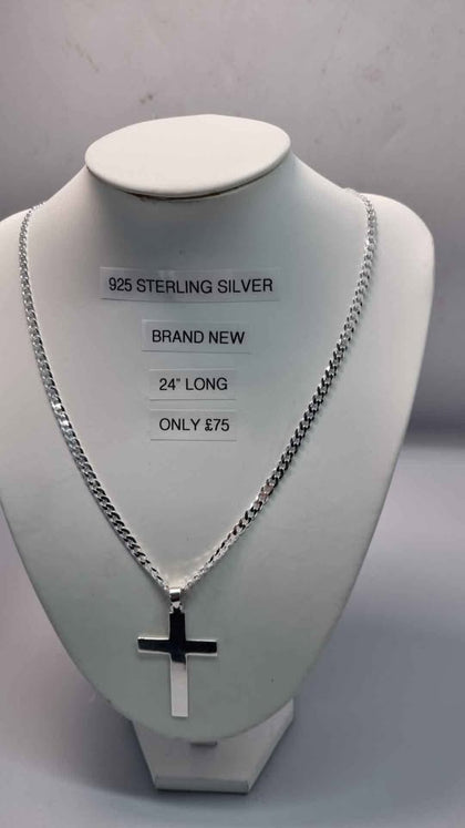 925 Sterling Silver Thin Curb Chain Necklace With Cross Pendant - 24