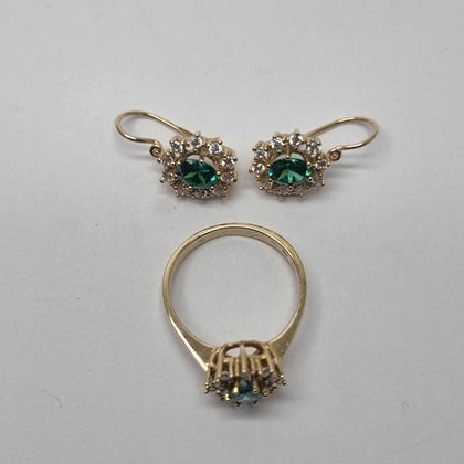 14ct Gold Oval Cluster Head Ring & Earring Set Green CZ - Size P - RRP £1050.