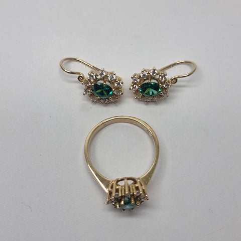 14ct Gold Oval Cluster Head Ring & Earring Set Green CZ - Size P - RRP £1050