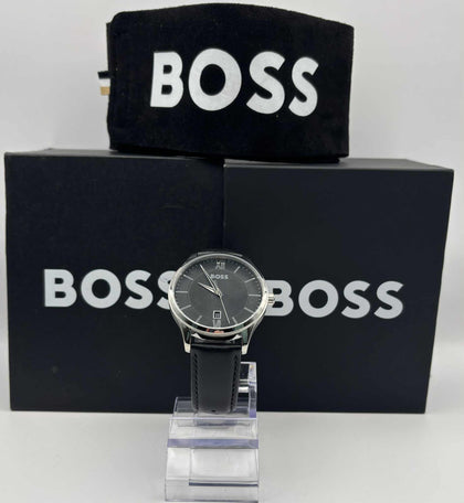 HUGO BOSS men's stainless steel watch with black genuine leather strap & box
