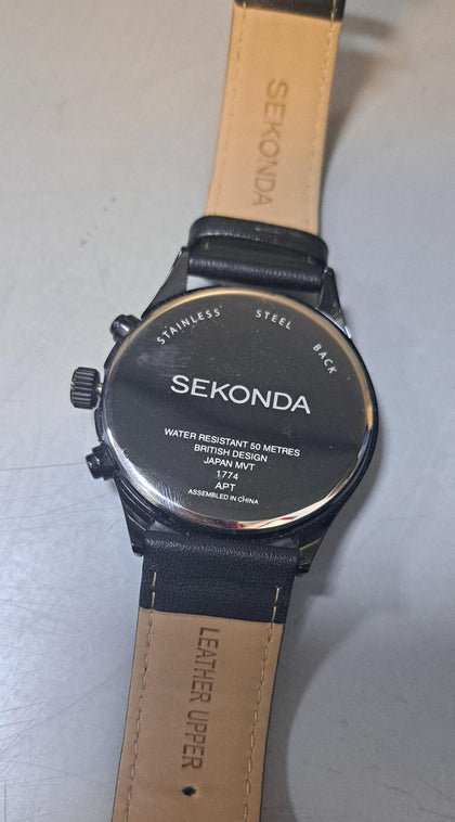 Sekonda Mens 1774 Black IP Chronograph Leather Strap Watch