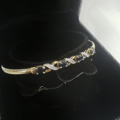 9K Stunning Gold Bangle, Diamonds & Blue Stones, 375 Hallmarked, 3.8Grams, Box Included, 2.5