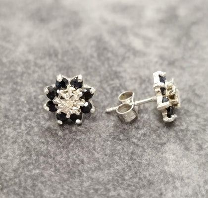 9ct White Gold Blue & Clear Stone Cluster Stud Earrings