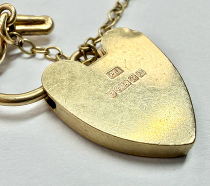 9ct yellow gold charm bracelet with heart shaped padlock clasp and safety chain 8