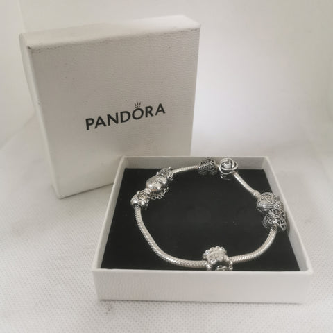 Pandora Bracelet with 6 Charms (Family Love Heart Charm x 2, Happy Birthday Charm, Love Heart Charm, & Others), 925 Silver & 35 Grams, Size: Length 8