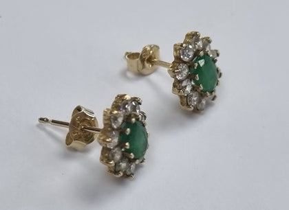 9ct gold earrings, green and cz stones