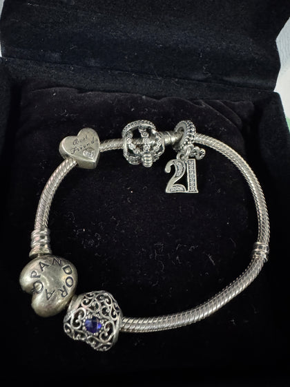 Pandora Moments Silver Heart Clasp Bracelet with 4 charms boxed