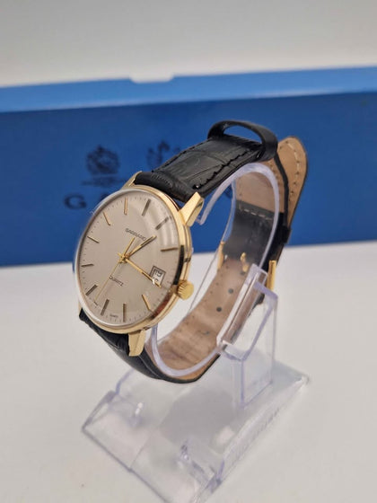 Gerrard 1960's Gold Plated Quartz Watch With Date - Leather Strap - Boxed In Excellent Condition