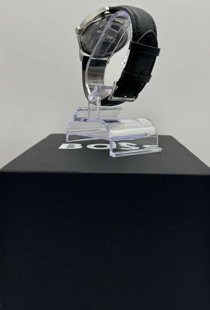HUGO BOSS men's stainless steel watch with black genuine leather strap & box