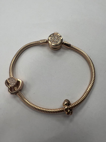 PANDORA ROSE GOLD 17cm BRACELET + HEART CHARM AND SPACER