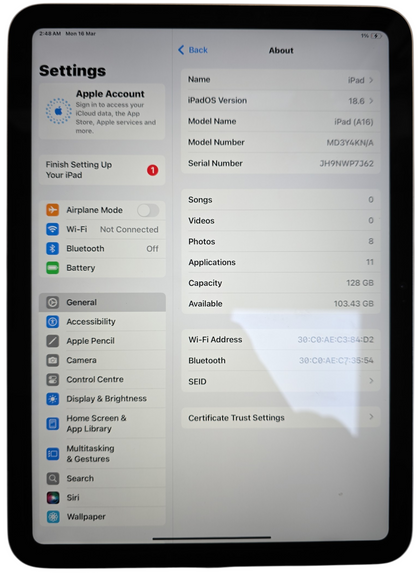 Apple iPad A16, 11 Inch, WiFi 128GB