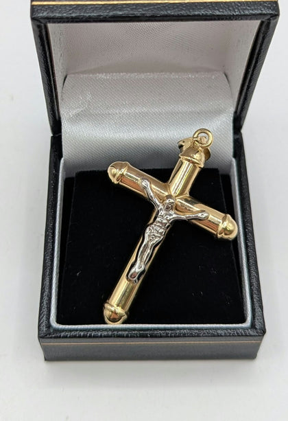 14CT Hallmarked 585, Yellow Gold, Two-Tone Tubular Crucifix Pendant, 2