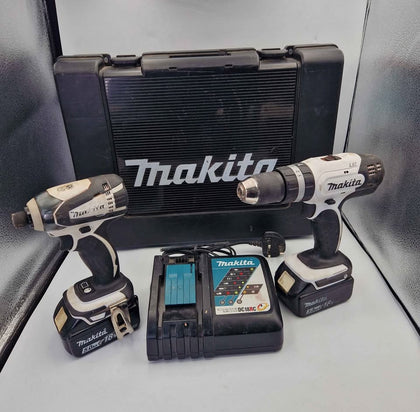 Makita LXT 18v Twin Pack White DHP453 Combi Drill + DTD146 Impact Driver With 3ah & 5ah Batteries