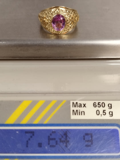 9ct Yellow Gold College Style Ring Bezel set with Purple Stone Size U