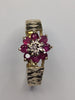 9ct gold diamond & red stone floral ring