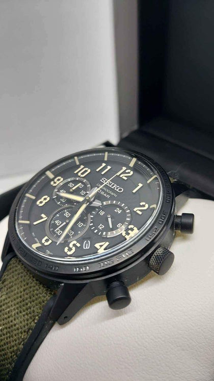 SEIKO 8T63-00P0 Quartz Military Chronograph Gents Watch With Fabric Strap - Boxed.