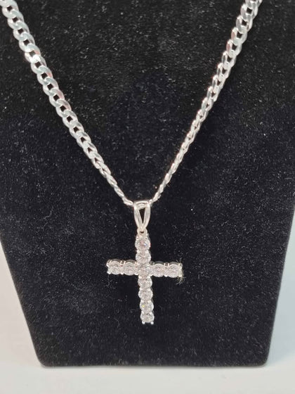 925 Sterling Silver Curb Chain Necklace With Diamontè Cross - 24