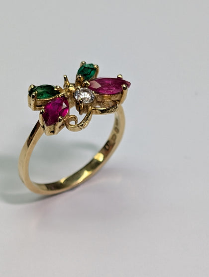18ct Gold Red & Green Stone Butterfly Ring