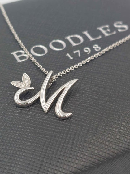 (18K Hallmarked&Tested), Boodles White Gold Necklace With M Pendant, 4.5G, 18