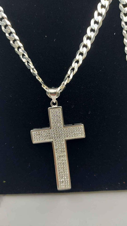 925 Sterling Silver Curb Chain Necklace With Cross Pendant - 24