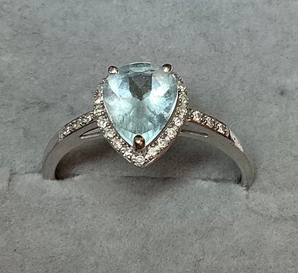 9CT White Gold Aqua Marine Pear Ring size S