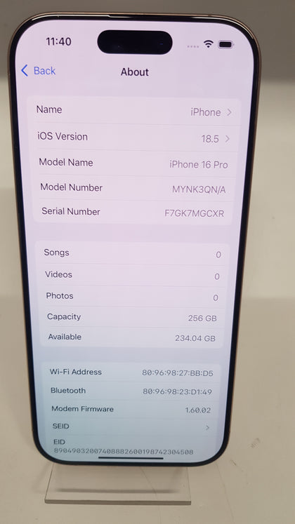 Apple iPhone 16 Pro - 256GB - Desert Titanium 100% Battery Health