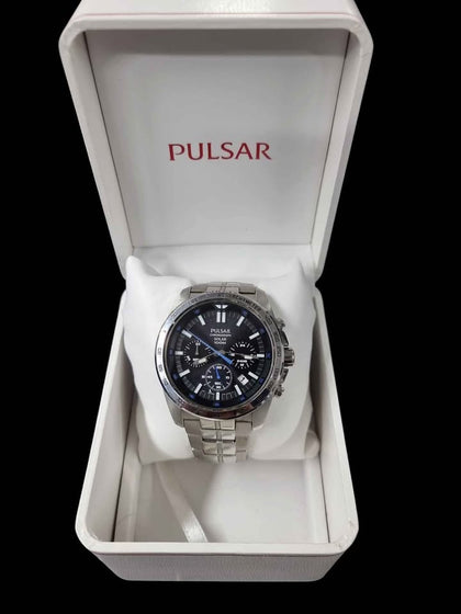 Pulsar VR42-X001 Gents Solar Chronograph Watch With Date - Steel Bracelet - Boxed