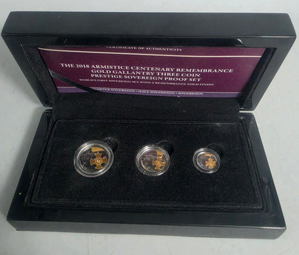 THE 2018 ARMISTICE CENTENARY REMEMBRANCE GOLD GALLANTRY THREE COIN PRESTIGE SOVERIGN PROOF SET 14G IN TOTAL 1, 8G 1, 4G & 1, 2G COIN