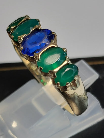 9ct Yellow Gold Ring with Blue & Green Stones - Size S - 3.56g total