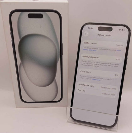 Apple iPhone 15 128GB black unlocked & Boxed ( heavily marked around sides and screen. 87% battery health )