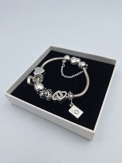 Pandora 925 Moments Heart Clasp Bangle with 6 charms and security clasp BOXED