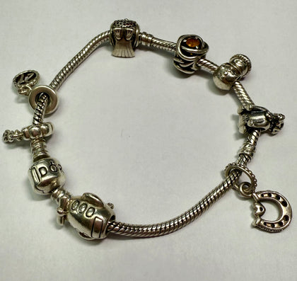 PANDORA CHARM BRACELET WITH  X8 CHARMS BOXED