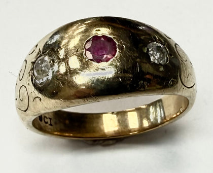 9ct gold diamond ring with red stone size M 1/2