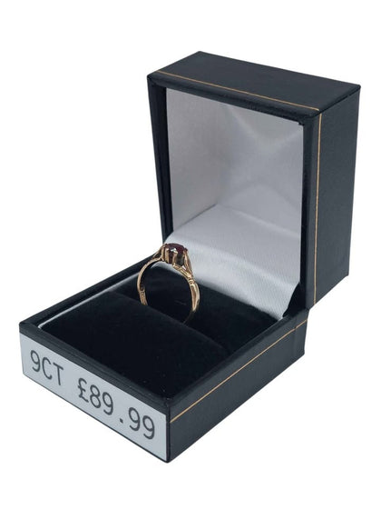 9ct 375 Yellow Gold, Fully Hallmarked Ring W/ Red Stone, 1.6G, Size:L, Boxed