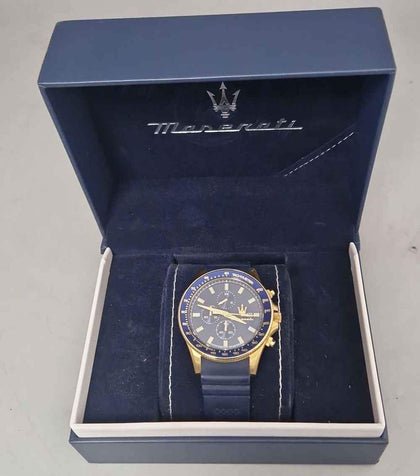 Maserati Sfida Men's Blue Chronograph Dial Blue Silicone Strap Watch boxed.