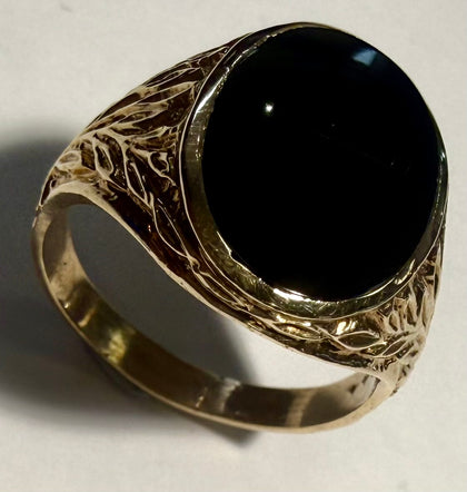 9ct Gold Patterned Signet Ring - Size W