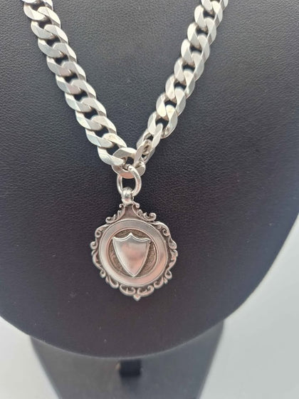 925 Sterling Silver Curb Chain Necklace With Shield Fob Pendant - 41.33 Grams - 22