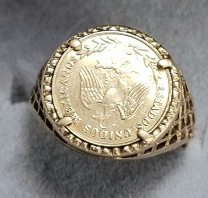 9ct Gold Mexican Estados Unidos Emperador Peso Coin Ring.