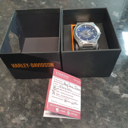 Harley-Davidson® Men's Blue Patterned Bar & Shield Stainless Steel Watch 76A159