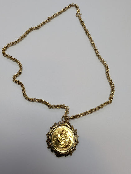 1976 FULL SOVEREIGN MOUNTED PLUS 9CT GOLD BELTCHER CHAIN 18.93G PRESTON STORE