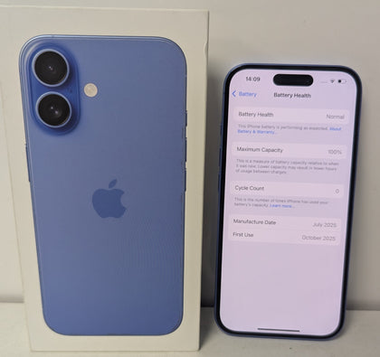 Apple iPhone 16 128GB Blue - Unlocked *100% Battery health* *Cycle Count - 0*