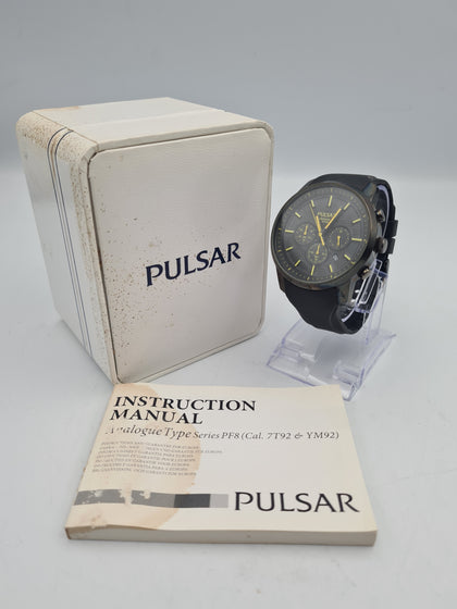 Pulsar W4228 Men's black/yellow Chronograph Quartz Watch with rubber strap, manual and original box