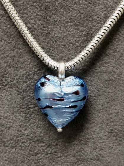 Jens J Aagaard large blue glass heart pendant & Sterling Silver Snake Chain