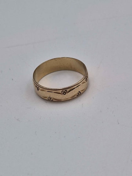 9ct Yellow Gold Victorian Patterned Wedding Band Ring - 2.90 Grams - Size U